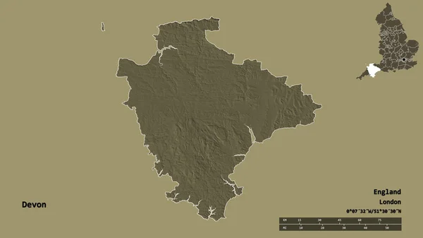 イングランドの行政郡デヴォンの形であり その首都はしっかりとした背景に孤立している 距離スケール リージョンプレビュー およびラベル 色の標高マップ 3Dレンダリング — ストック写真
