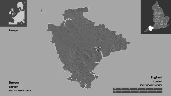 イングランドの行政郡デヴォンとその首都の形 距離スケール プレビューおよびラベル 標高マップ 3Dレンダリング — ストック写真