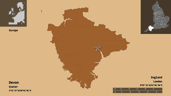 Shape Devon Verwaltungsbezirk Von England Und Seine Hauptstadt Entfernungsskala Vorschau — Stockfoto