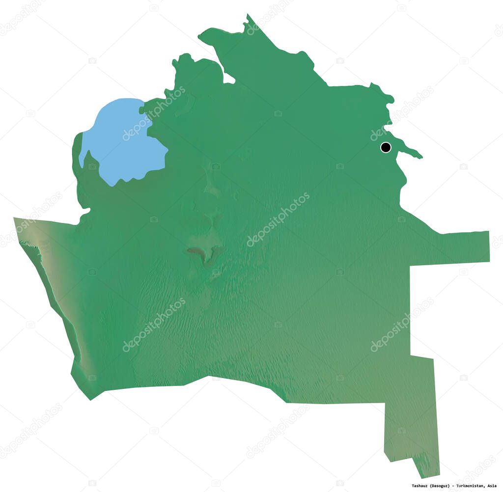 Shape of Tashauz, province of Turkmenistan, with its capital isolated on white background. Topographic relief map. 3D rendering