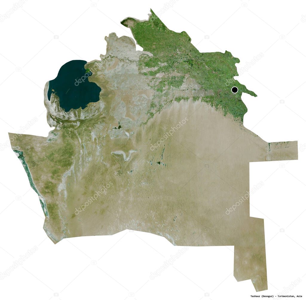 Shape of Tashauz, province of Turkmenistan, with its capital isolated on white background. Satellite imagery. 3D rendering