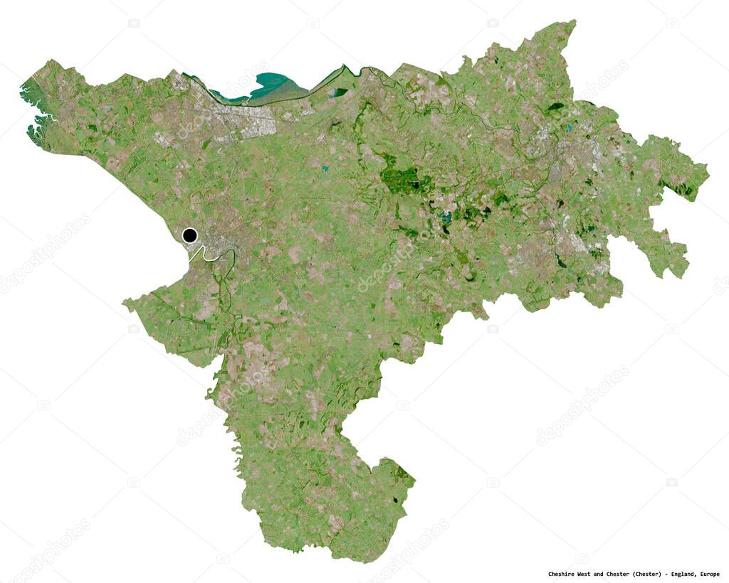 Shape of Cheshire West and Chester, administrative county of England, with its capital isolated on white background. Satellite imagery. 3D rendering