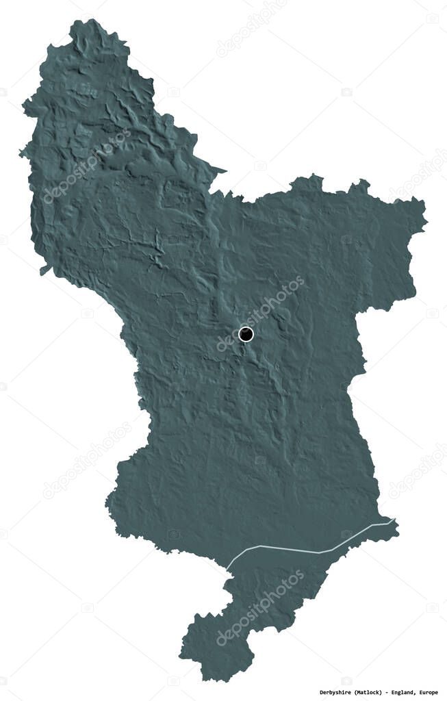 Shape of Derbyshire, administrative county of England, with its capital isolated on white background. Colored elevation map. 3D rendering