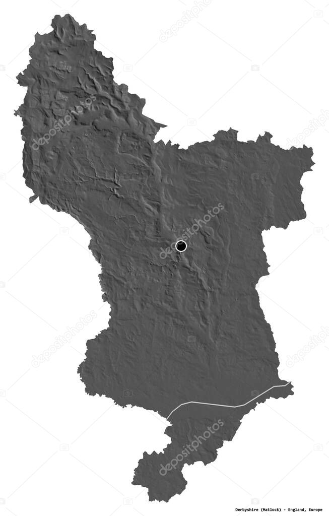 Shape of Derbyshire, administrative county of England, with its capital isolated on white background. Bilevel elevation map. 3D rendering