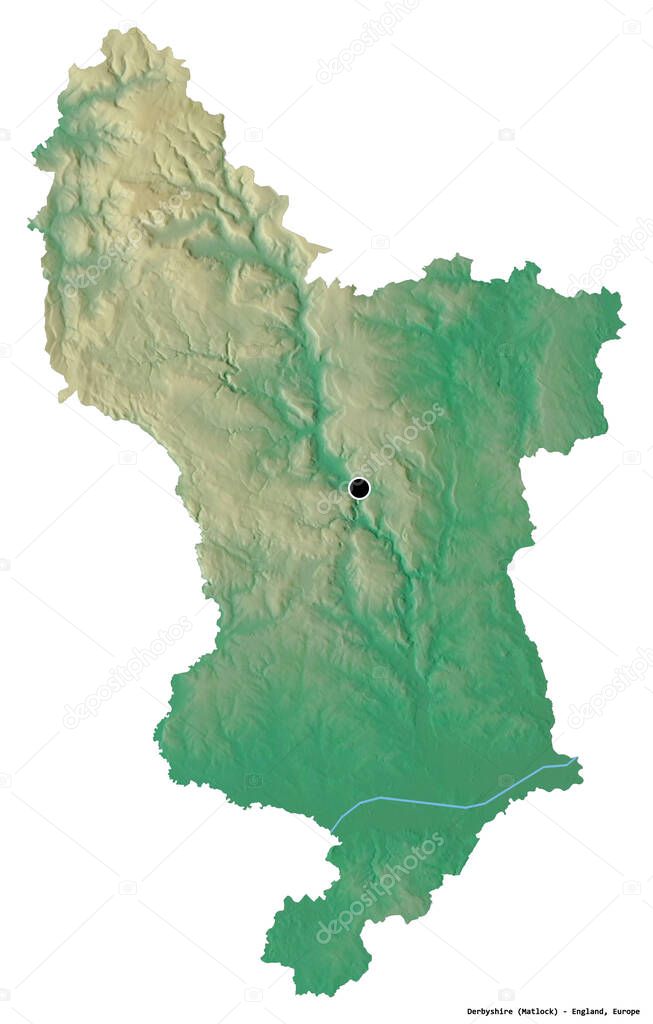 Shape of Derbyshire, administrative county of England, with its capital isolated on white background. Topographic relief map. 3D rendering