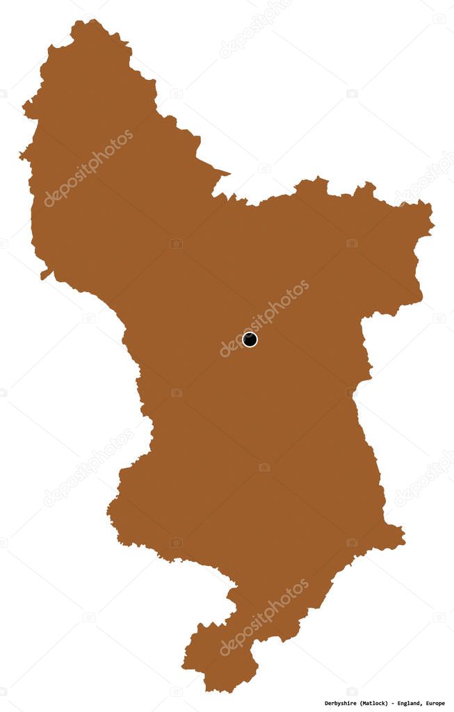 Shape of Derbyshire, administrative county of England, with its capital isolated on white background. Composition of patterned textures. 3D rendering