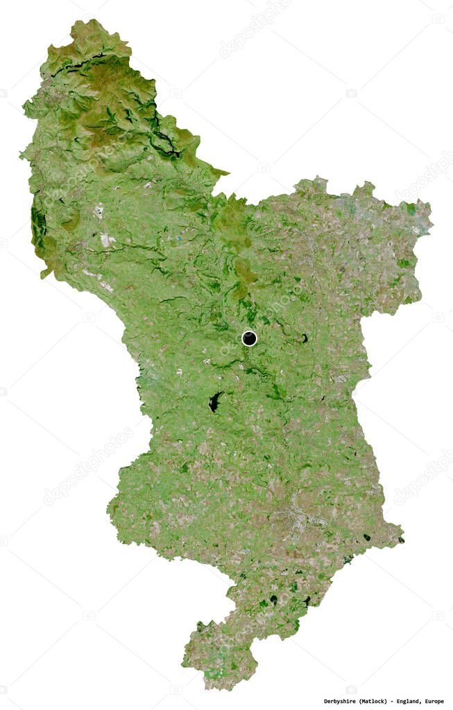 Shape of Derbyshire, administrative county of England, with its capital isolated on white background. Satellite imagery. 3D rendering