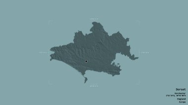 Dorset bölgesi, İngiltere idari bölgesi, sağlam bir arka planda izole edilmiş bir sınır kutusunda. Etiketler. Renkli yükseklik haritası. 3B görüntüleme