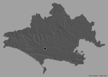 Dorset 'in şekli, İngiltere' nin idari ilçesi, başkenti katı renk arka planında izole edilmiş. Çift seviyeli yükseklik haritası. 3B görüntüleme