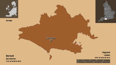 Dorset 'in şekli, İngiltere idari kontluğu ve başkenti. Uzaklık ölçeği, ön gösterimler ve etiketler. Desenli dokuların bileşimi. 3B görüntüleme