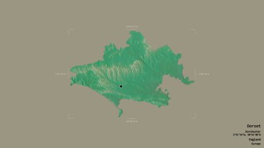 Dorset bölgesi, İngiltere idari bölgesi, sağlam bir arka planda izole edilmiş bir sınır kutusunda. Etiketler. Topografik yardım haritası. 3B görüntüleme