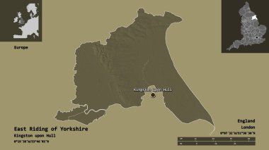 Yorkshire 'ın Doğu Biniciliği' nin şekli, İngiltere 'nin üniter otoritesi ve başkenti. Uzaklık ölçeği, ön gösterimler ve etiketler. Renkli yükseklik haritası. 3B görüntüleme
