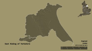 Yorkshire 'ın Doğu Biniciliği' nin şekli, İngiltere 'nin üniter otoritesi, sermayesi sağlam arka planda izole edilmiş. Uzaklık ölçeği, bölge önizlemesi ve etiketleri. Renkli yükseklik haritası. 3B görüntüleme