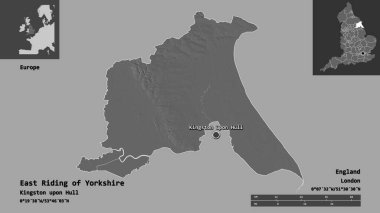 Yorkshire 'ın Doğu Biniciliği' nin şekli, İngiltere 'nin üniter otoritesi ve başkenti. Uzaklık ölçeği, ön gösterimler ve etiketler. Çift seviyeli yükseklik haritası. 3B görüntüleme