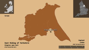 Yorkshire 'ın Doğu Biniciliği' nin şekli, İngiltere 'nin üniter otoritesi ve başkenti. Uzaklık ölçeği, ön gösterimler ve etiketler. Desenli dokuların bileşimi. 3B görüntüleme