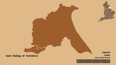 Yorkshire 'ın Doğu Biniciliği' nin şekli, İngiltere 'nin üniter otoritesi, sermayesi sağlam arka planda izole edilmiş. Uzaklık ölçeği, bölge önizlemesi ve etiketleri. Desenli dokuların bileşimi. 3B görüntüleme