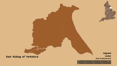Shape of East Riding of Yorkshire, unitary authority of England, with its capital isolated on solid background. Distance scale, region preview and labels. Composition of patterned textures. 3D rendering clipart