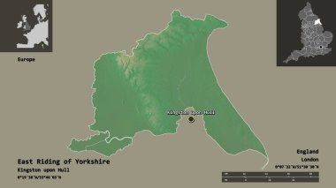 Yorkshire 'ın Doğu Biniciliği' nin şekli, İngiltere 'nin üniter otoritesi ve başkenti. Uzaklık ölçeği, ön gösterimler ve etiketler. Topografik yardım haritası. 3B görüntüleme