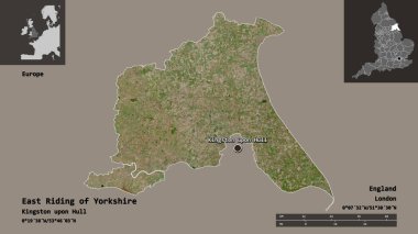 Yorkshire 'ın Doğu Biniciliği' nin şekli, İngiltere 'nin üniter otoritesi ve başkenti. Uzaklık ölçeği, ön gösterimler ve etiketler. Uydu görüntüleri. 3B görüntüleme