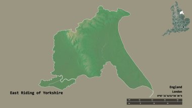 Yorkshire 'ın Doğu Biniciliği' nin şekli, İngiltere 'nin üniter otoritesi, sermayesi sağlam arka planda izole edilmiş. Uzaklık ölçeği, bölge önizlemesi ve etiketleri. Topografik yardım haritası. 3B görüntüleme
