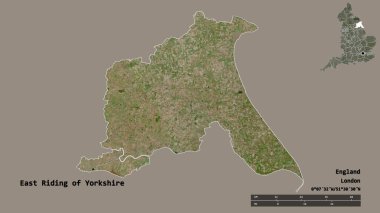 Yorkshire 'ın Doğu Biniciliği' nin şekli, İngiltere 'nin üniter otoritesi, sermayesi sağlam arka planda izole edilmiş. Uzaklık ölçeği, bölge önizlemesi ve etiketleri. Uydu görüntüleri. 3B görüntüleme