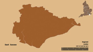 Doğu Sussex 'in şekli, İngiltere' nin idari ilçesi, başkenti sağlam arka planda izole edilmiş. Uzaklık ölçeği, bölge önizlemesi ve etiketleri. Desenli dokuların bileşimi. 3B görüntüleme
