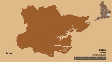 Essex 'in şekli, İngiltere' nin idari ilçesi, sermayesi sağlam arka planda izole edilmiş. Uzaklık ölçeği, bölge önizlemesi ve etiketleri. Desenli dokuların bileşimi. 3B görüntüleme