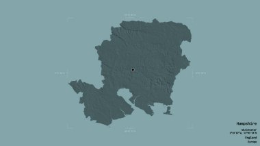 Hampshire bölgesi, İngiltere 'nin idari bölgesi, sağlam bir arka planda izole edilmiş bir sınır kutusunda. Etiketler. Renkli yükseklik haritası. 3B görüntüleme