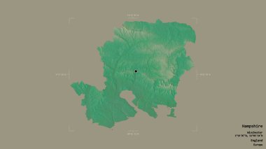 Hampshire bölgesi, İngiltere 'nin idari bölgesi, sağlam bir arka planda izole edilmiş bir sınır kutusunda. Etiketler. Topografik yardım haritası. 3B görüntüleme