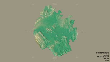 Herefordshire bölgesi, İngiltere 'nin üniter otoritesi, sağlam bir arka planda izole edilmiş bir sınır kutusunda. Etiketler. Topografik yardım haritası. 3B görüntüleme