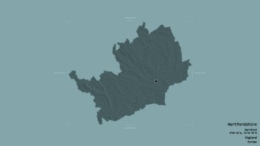 Hertfordshire bölgesi, İngiltere idari bölgesi, Gürcistan sınırında sağlam bir arka planda izole edilmiş. Etiketler. Renkli yükseklik haritası. 3B görüntüleme