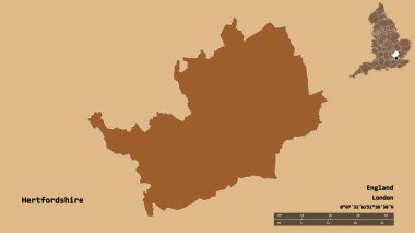İngiltere 'nin idari ilçesi Hertfordshire' ın şekli, başkenti sağlam arka planda izole edilmiştir. Uzaklık ölçeği, bölge önizlemesi ve etiketleri. Desenli dokuların bileşimi. 3B görüntüleme