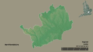 İngiltere 'nin idari ilçesi Hertfordshire' ın şekli, başkenti sağlam arka planda izole edilmiştir. Uzaklık ölçeği, bölge önizlemesi ve etiketleri. Topografik yardım haritası. 3B görüntüleme