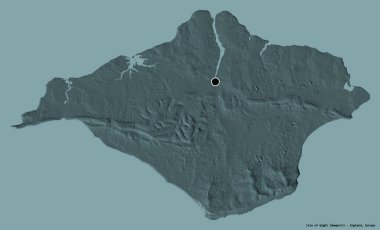 İngiltere 'nin üniter otoritesi Wight Adası' nın şekli. Başkenti koyu renk arka planda izole edilmiş. Renkli yükseklik haritası. 3B görüntüleme