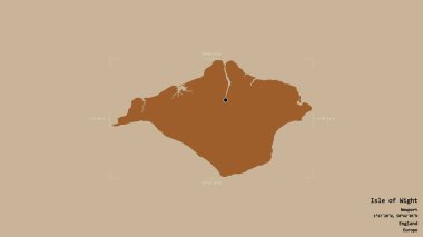 İngiltere 'nin üniter otoritesi Wight Adası' nın bir bölgesi. Sağlam bir arka planda, bir sınır kutusunda izole edilmiş. Etiketler. Desenli dokuların bileşimi. 3B görüntüleme