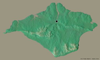 İngiltere 'nin üniter otoritesi Wight Adası' nın şekli. Başkenti koyu renk arka planda izole edilmiş. Topografik yardım haritası. 3B görüntüleme