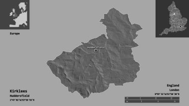 Kirklees 'in şekli, İngiltere idari bölgesi ve başkenti. Uzaklık ölçeği, ön gösterimler ve etiketler. Çift seviyeli yükseklik haritası. 3B görüntüleme