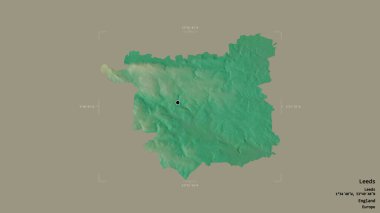 Leeds bölgesi, İngiltere idari bölgesi, sağlam bir arka planda izole edilmiş bir sınır kutusunda. Etiketler. Topografik yardım haritası. 3B görüntüleme
