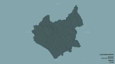 Leicestershire bölgesi, İngiltere idari bölgesi, sağlam bir arka planda izole edilmiş bir sınır kutusunda. Etiketler. Renkli yükseklik haritası. 3B görüntüleme