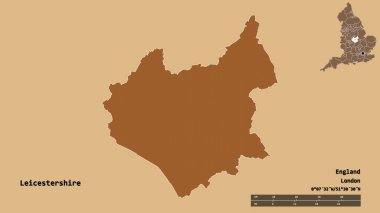 İngiltere 'nin Leicestershire idari ilçesi, başkenti sağlam arka planda izole edilmiş. Uzaklık ölçeği, bölge önizlemesi ve etiketleri. Desenli dokuların bileşimi. 3B görüntüleme