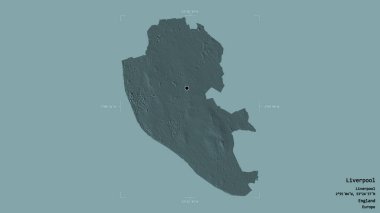 Liverpool bölgesi, İngiltere idari bölgesi, sağlam bir arka planda izole edilmiş bir sınır kutusunda. Etiketler. Renkli yükseklik haritası. 3B görüntüleme