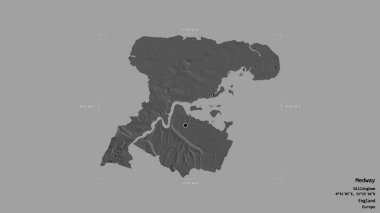 Medway bölgesi, İngiltere 'nin üniter otoritesi, jeoreferatlı bir sınır kutusunda sağlam bir arka planda izole edilmiş. Etiketler. Çift seviyeli yükseklik haritası. 3B görüntüleme