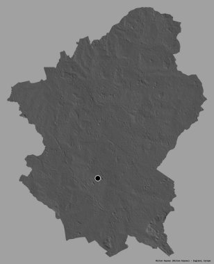 Milton Keynes 'in şekli, İngiltere' nin üniter otoritesi, sermayesi katı renk arka planında izole edilmiş. Çift seviyeli yükseklik haritası. 3B görüntüleme