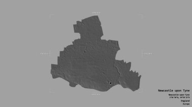 İngiltere 'nin idari ilçesi Tyne üzerinde Newcastle bölgesi, katı bir arka planda izole edilmiş bir sınır kutusunda. Etiketler. Çift seviyeli yükseklik haritası. 3B görüntüleme