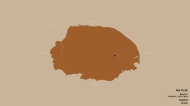 Norfolk bölgesi, İngiltere idari bölgesi, sağlam bir arka planda izole edilmiş bir sınır kutusunda. Etiketler. Desenli dokuların bileşimi. 3B görüntüleme