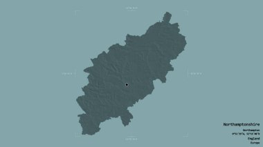 Northamptonshire bölgesi, İngiltere 'nin idari bölgesi, sağlam bir arka planda, bir sınır kutusunda izole edilmiş. Etiketler. Renkli yükseklik haritası. 3B görüntüleme