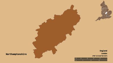 Northamptonshire 'ın şekli, İngiltere' nin idari ilçesi, başkenti sağlam arka planda izole edilmiş. Uzaklık ölçeği, bölge önizlemesi ve etiketleri. Desenli dokuların bileşimi. 3B görüntüleme