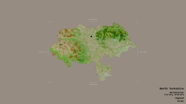 Kuzey Yorkshire bölgesi, İngiltere 'nin idari bölgesi, sağlam bir arka planda izole edilmiş bir sınır kutusunda. Etiketler. Uydu görüntüleri. 3B görüntüleme
