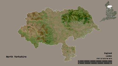 Kuzey Yorkshire 'ın şekli, İngiltere' nin idari ilçesi, başkenti sağlam arka planda izole edilmiş. Uzaklık ölçeği, bölge önizlemesi ve etiketleri. Uydu görüntüleri. 3B görüntüleme