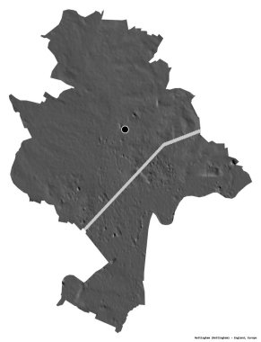 Nottingham 'ın şekli, İngiltere' nin üniter otoritesi, başkenti beyaz arka planda izole edilmiş. Çift seviyeli yükseklik haritası. 3B görüntüleme